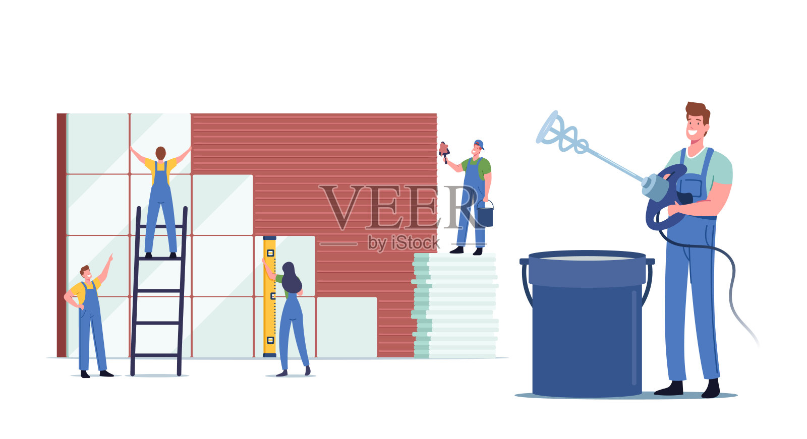 建筑，家居装修工程，微小的工人，男性女性人物在墙上放置巨大的陶瓷。修理工服务插画图片素材