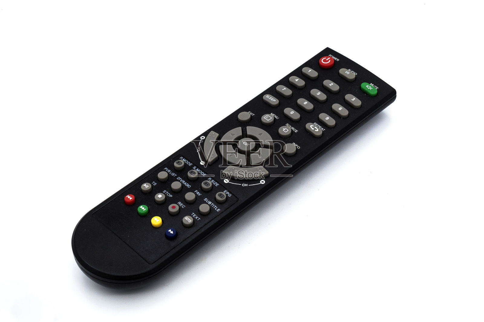 一个孤立在白色背景上的黑色电视遥控器照片摄影图片