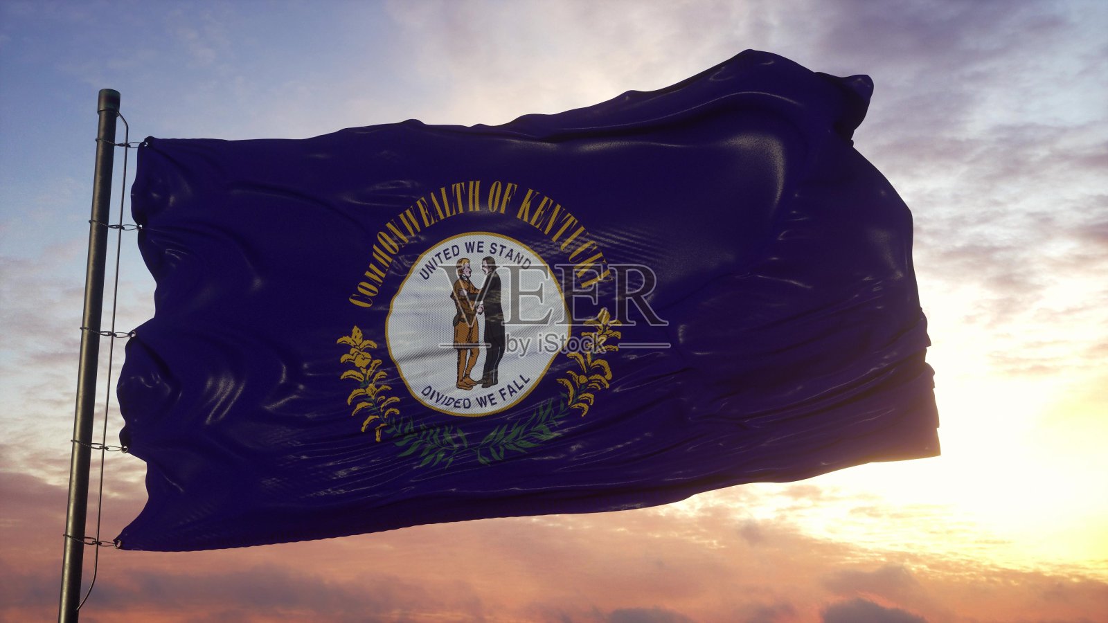 肯塔基州的旗帜迎风飘扬，映衬着深邃美丽的天空。三维演示照片摄影图片