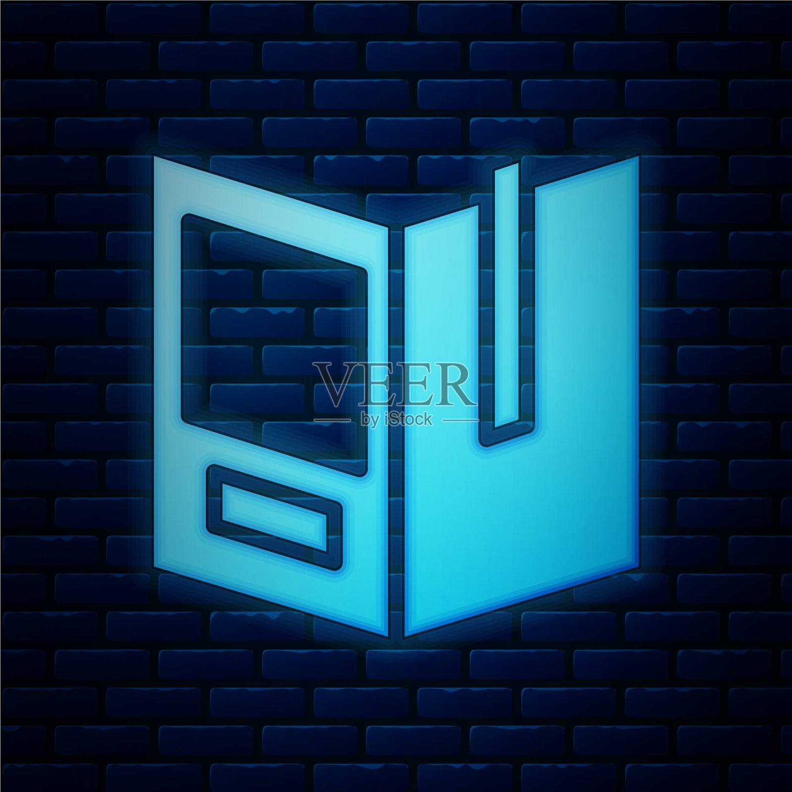 发光的霓虹灯打开书图标孤立在砖墙上插画图片素材