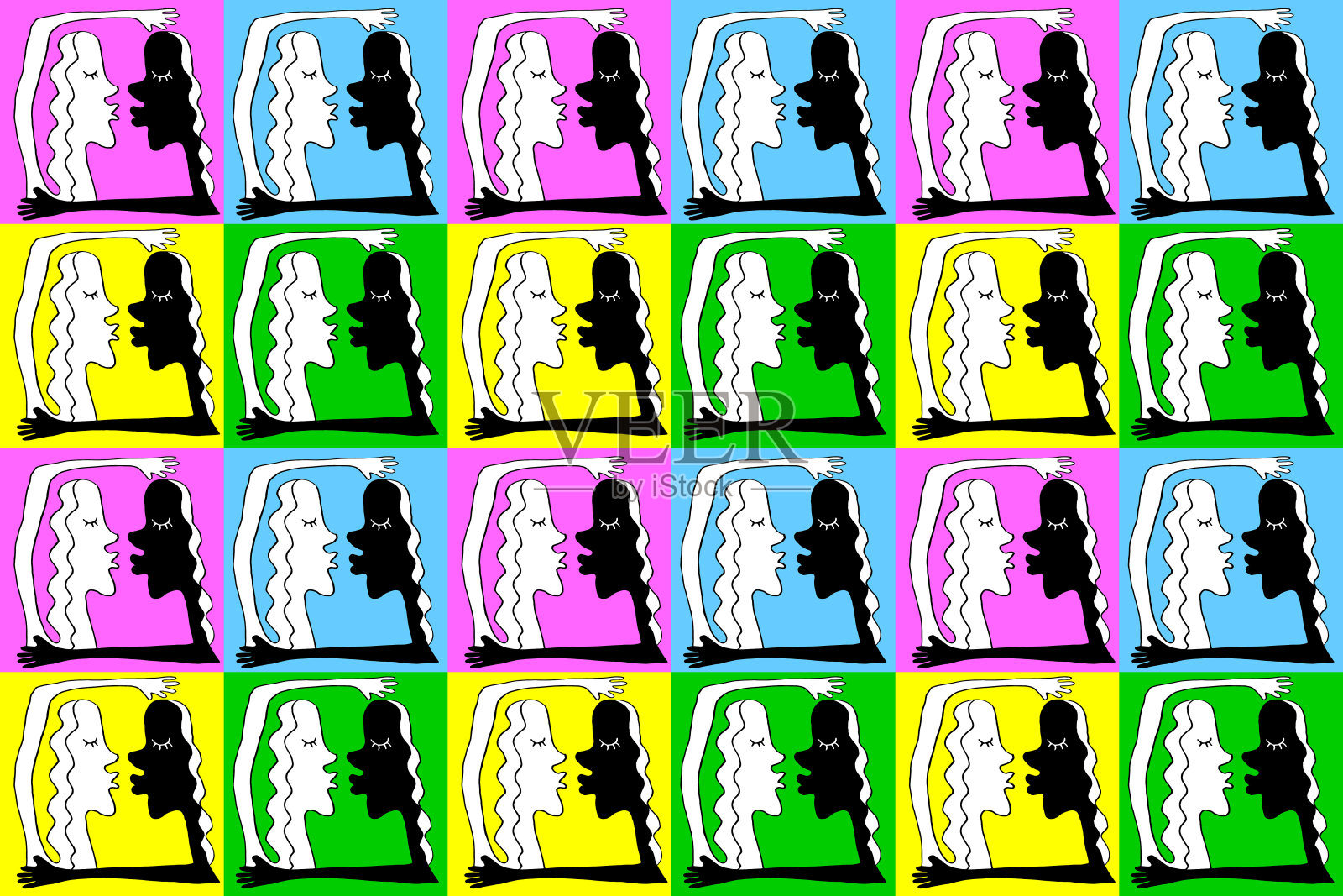 抽象情侣亲吻拥抱无缝图案，波普矢量插画，情人节主题插画图片素材