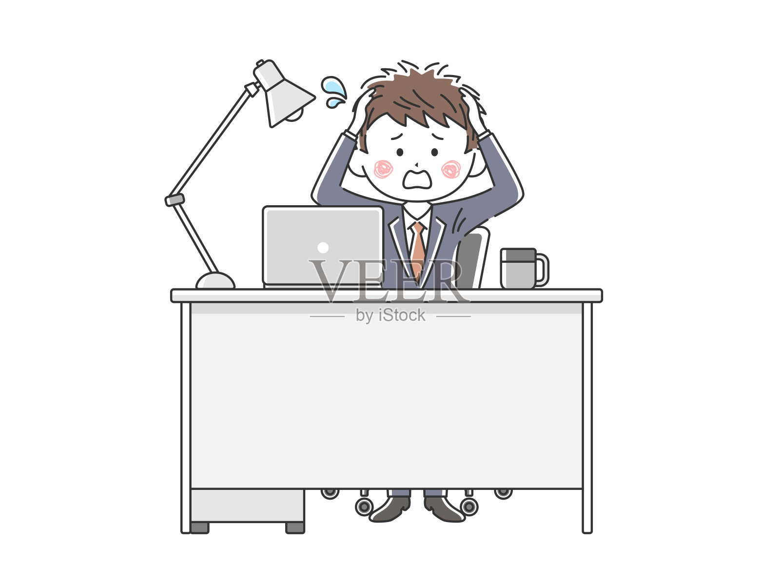 一个商人举着头在办公桌前工作的插图。插画图片素材