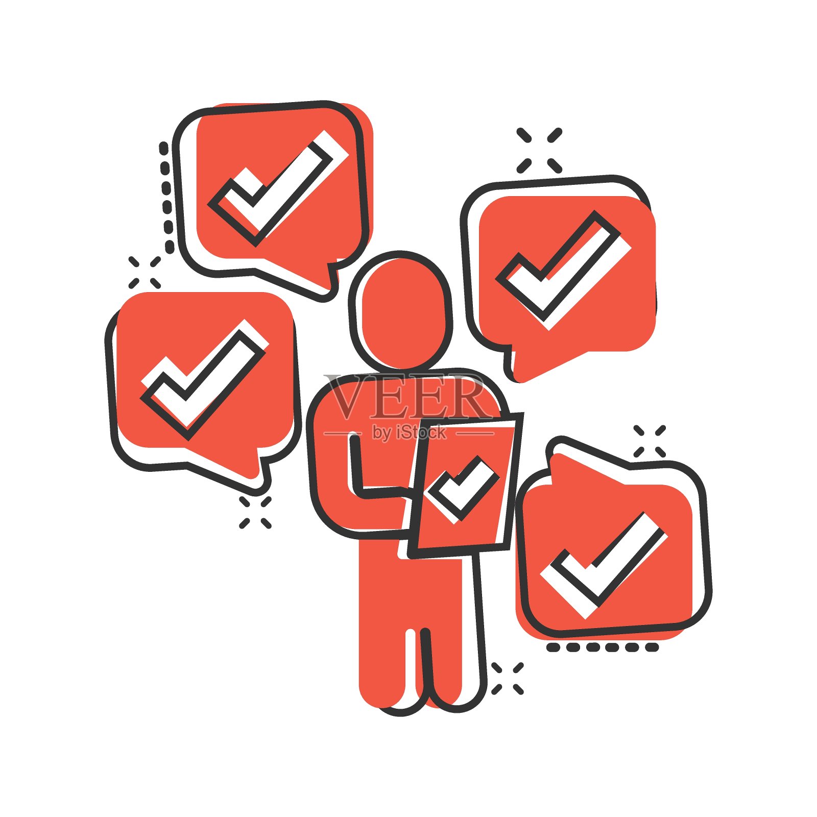 漫画风格的组织管理图标。人们与检查标记卡通矢量插图在白色孤立的背景。商人飞溅效应经营理念。图标素材