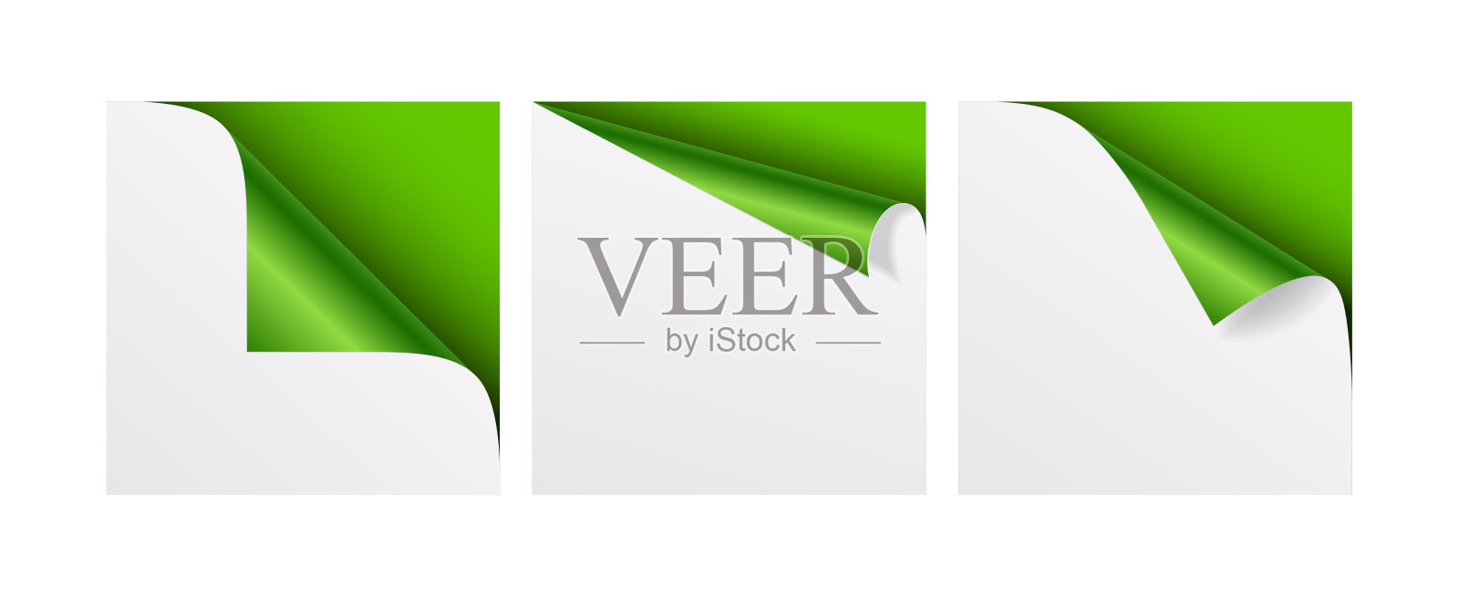 一套卷曲的绿色角落的白纸与阴影。矢量插图。插画图片素材