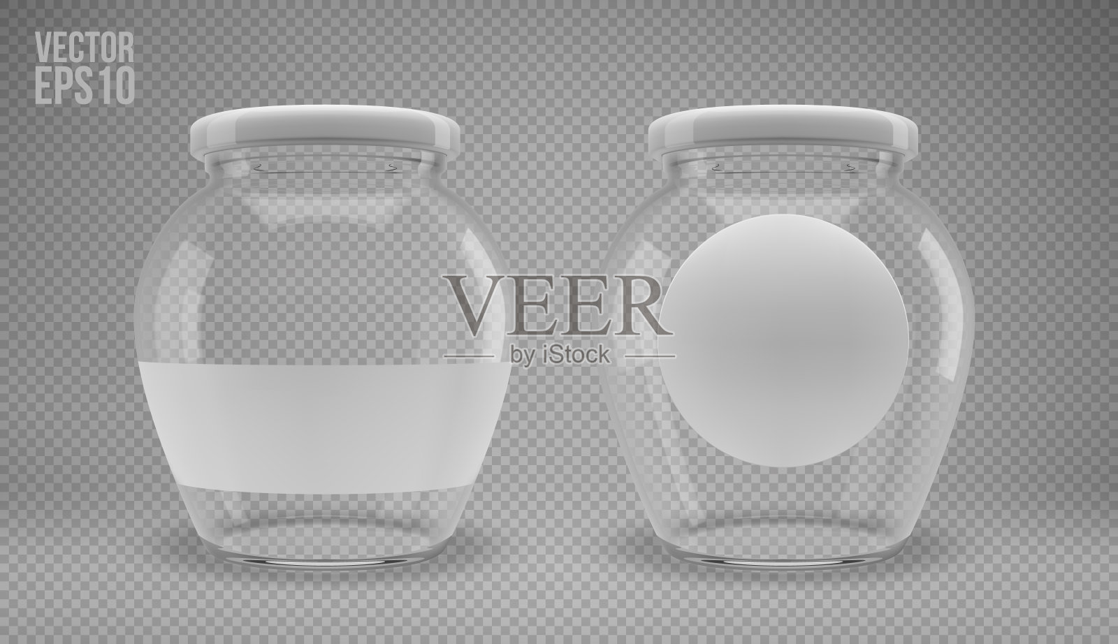 一套有盖的玻璃果酱罐。有白色盖子和标签的透明罐子。现实的3 d演示。向量插画图片素材