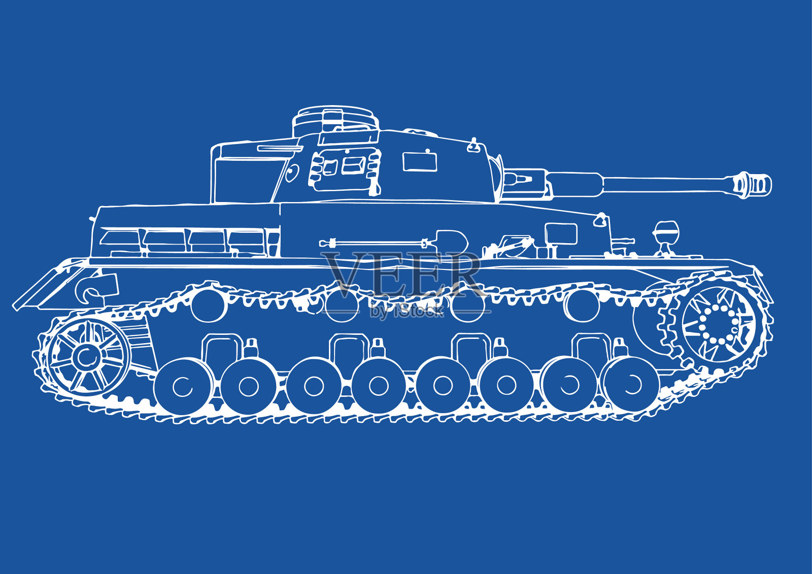 在蓝色的坦克上画着旧的军事装备插画图片素材