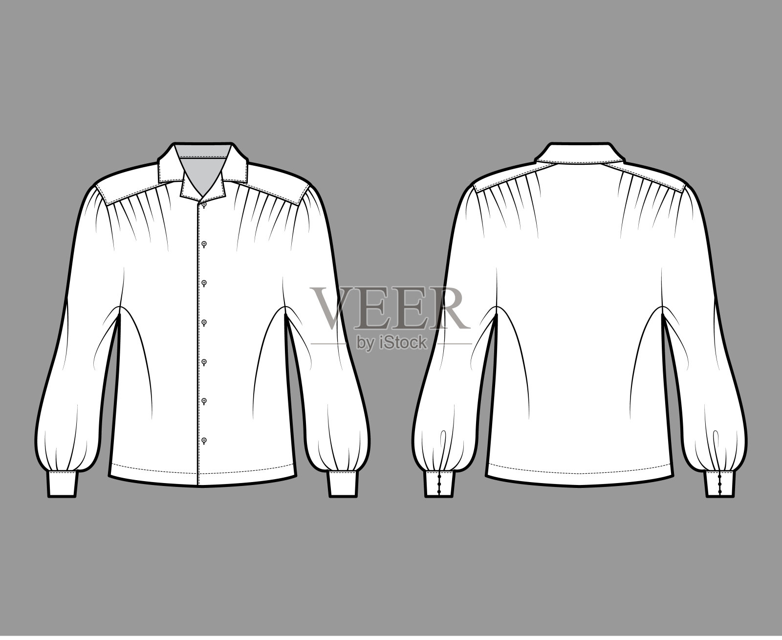 高乔衬衫技术时尚插图与杜曼蓬松长袖，敞开衣领，超大，钮扣。平插画图片素材