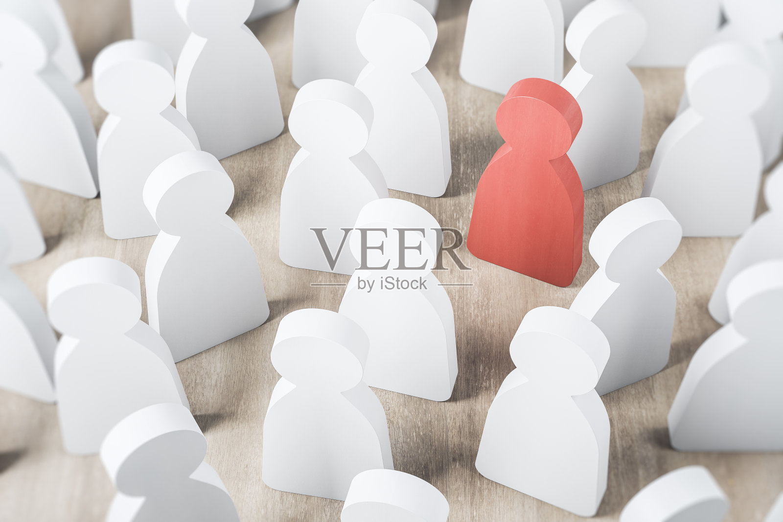 领导力与成功理念以红色木质人物为影响力领袖，以一群白色木质人物为追随者，以领导者的意见为木桌。业务团队的概念。三维渲染照片摄影图片