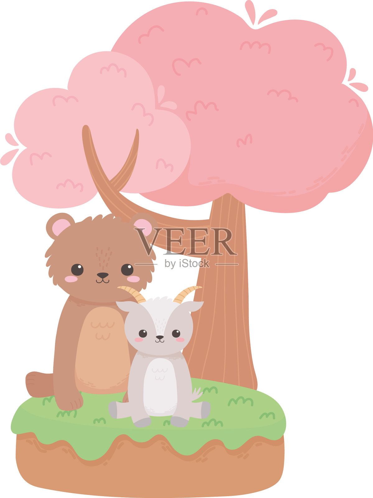 可爱的小熊和山羊坐在树上的卡通设计元素图片