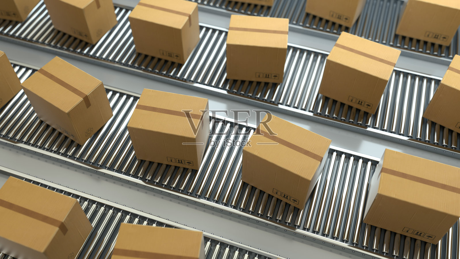 传送带上的纸箱被隔离在白灰色的背景上。配送仓库。电子商务、生产、仓储、配送、包装服务理念。三维渲染照片摄影图片