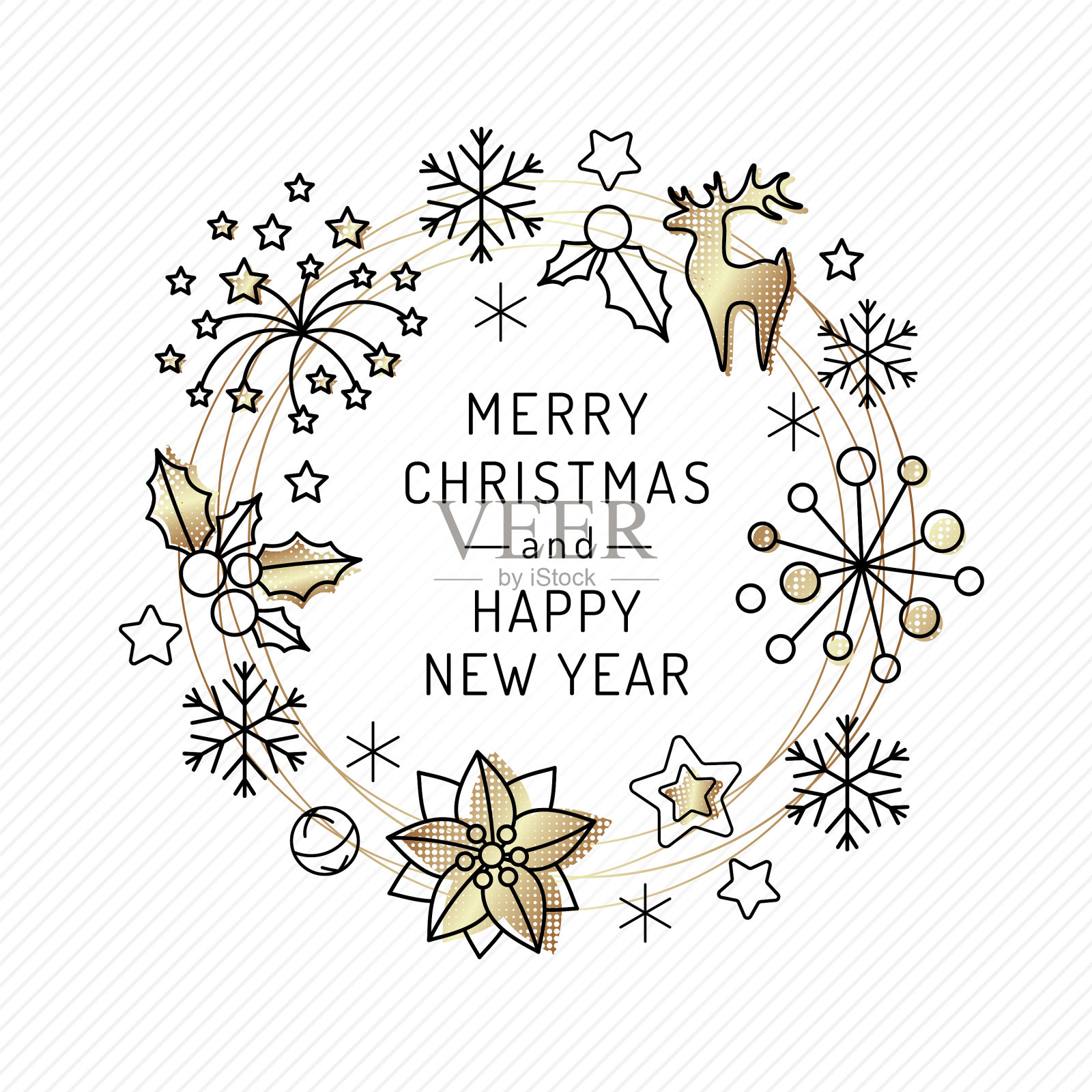 带有线性图标和金色纹理的圣诞卡插画图片素材