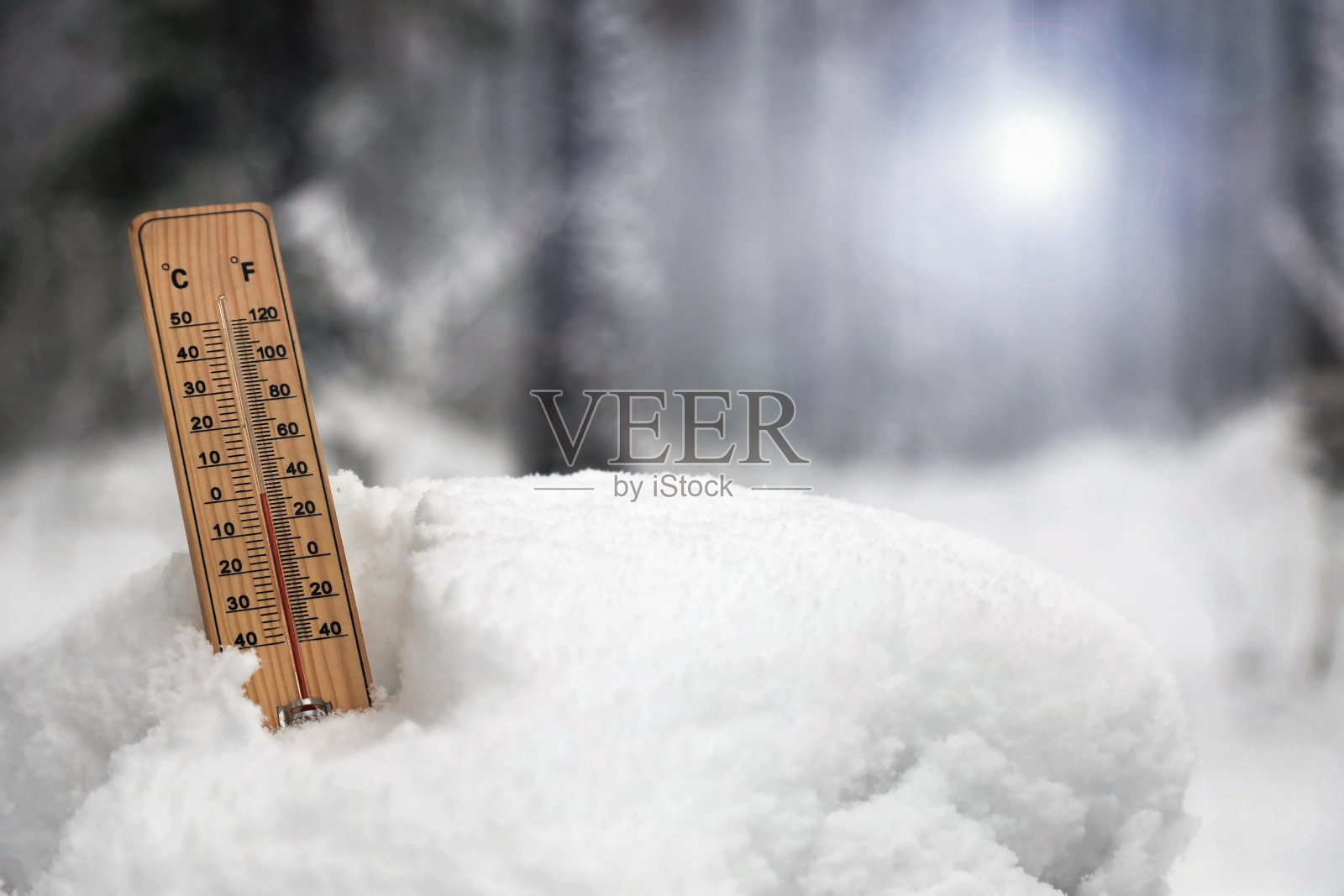 温度计上标有零度，天气转暖照片摄影图片