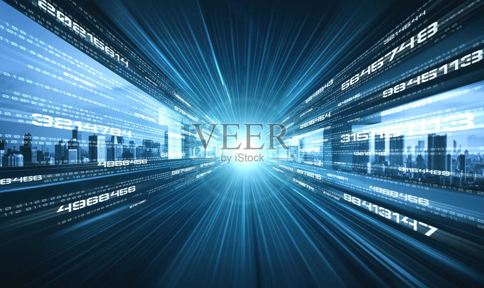 数字数据流与运动模糊的道路，以创建快速传输的视觉照片摄影图片