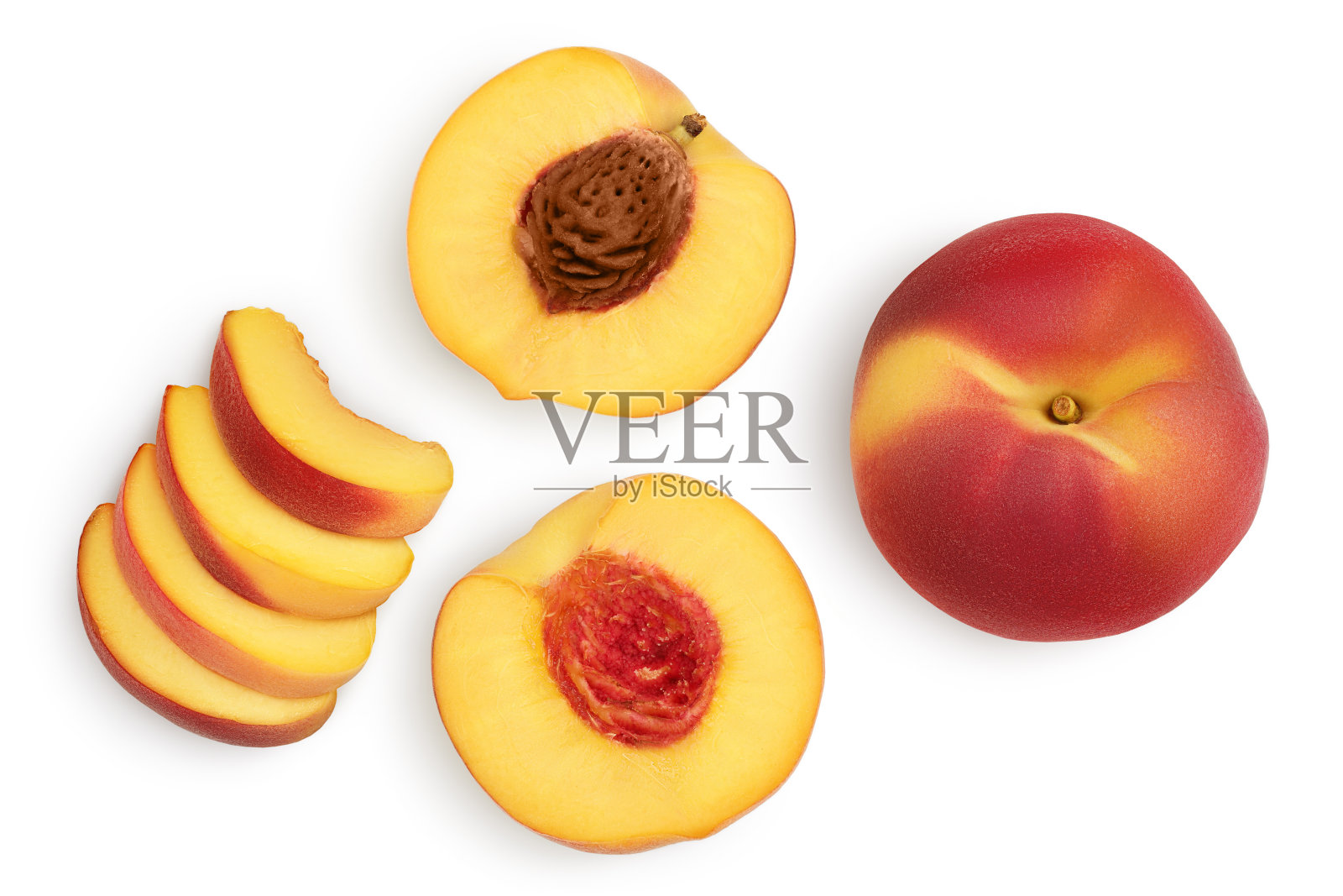 成熟桃孤立在白色背景与修剪路径。前视图。平躺模式照片摄影图片