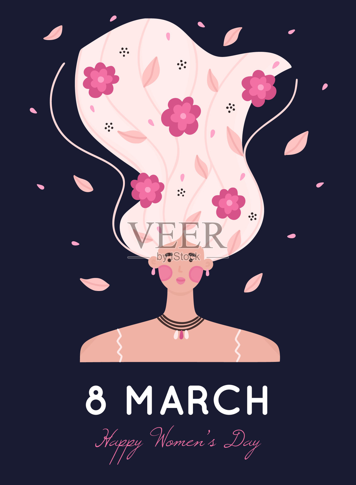 3月8日。国际妇女节。女孩的肖像与抬高的头发装饰许多花在黑暗的背景插画图片素材