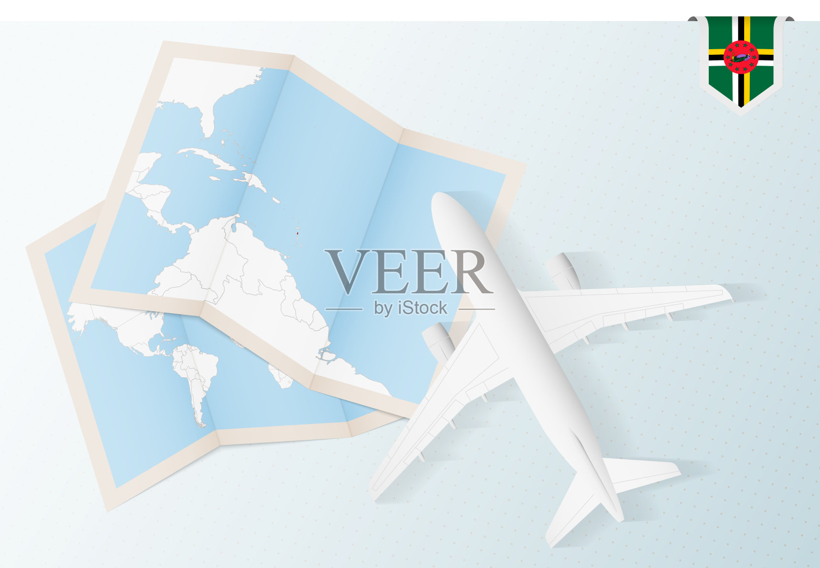 前往多米尼加，俯视图飞机与地图和国旗的多米尼加。插画图片素材