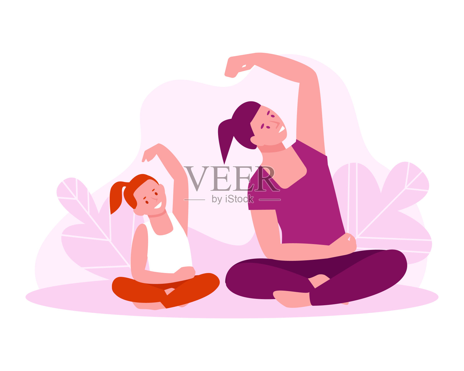 妈妈和女儿在做瑜伽。家庭健身班概念。矢量插图在平面卡通风格。插画图片素材