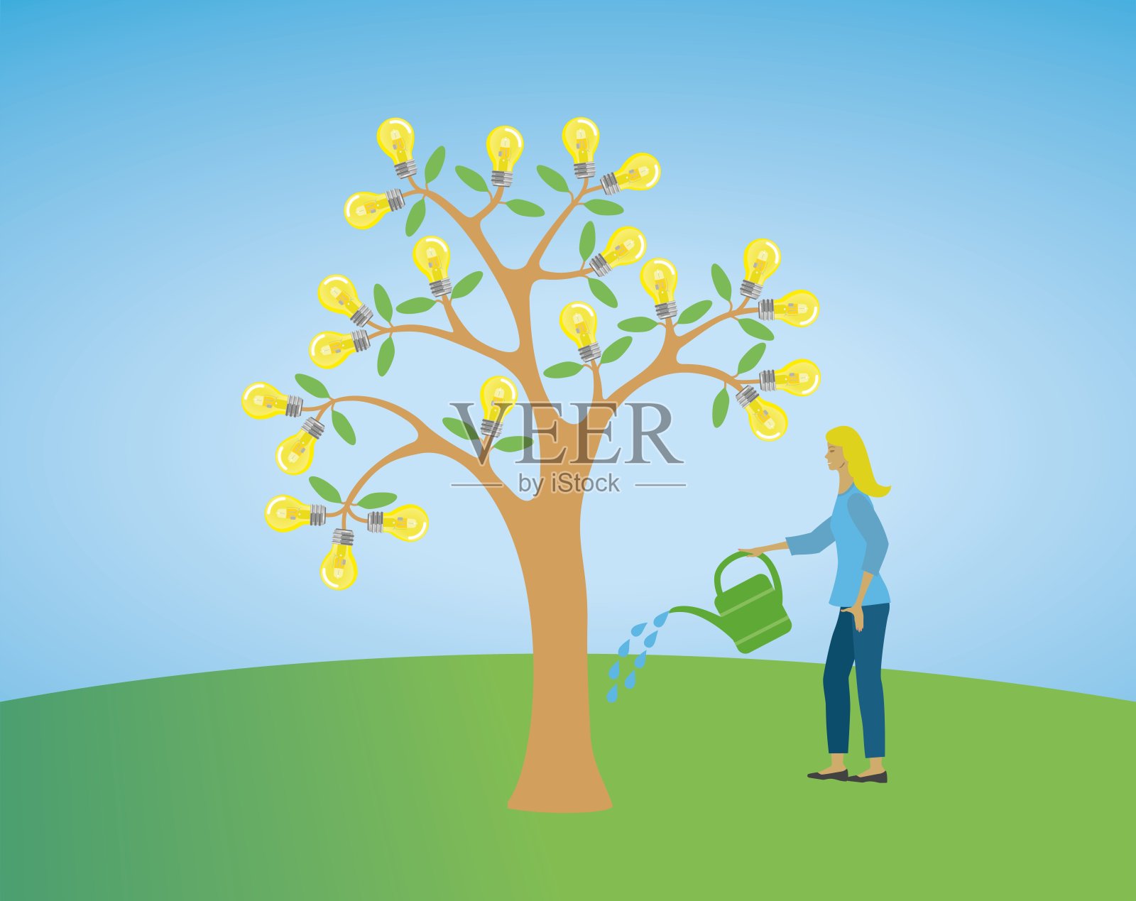 苹果树浇水。使思想成长。矢量插图。插画图片素材