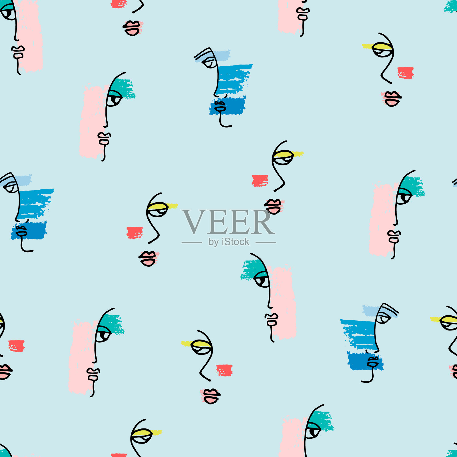 无缝模式与手绘超现实的女性面孔。平面设计的当代线条艺术插画图片素材