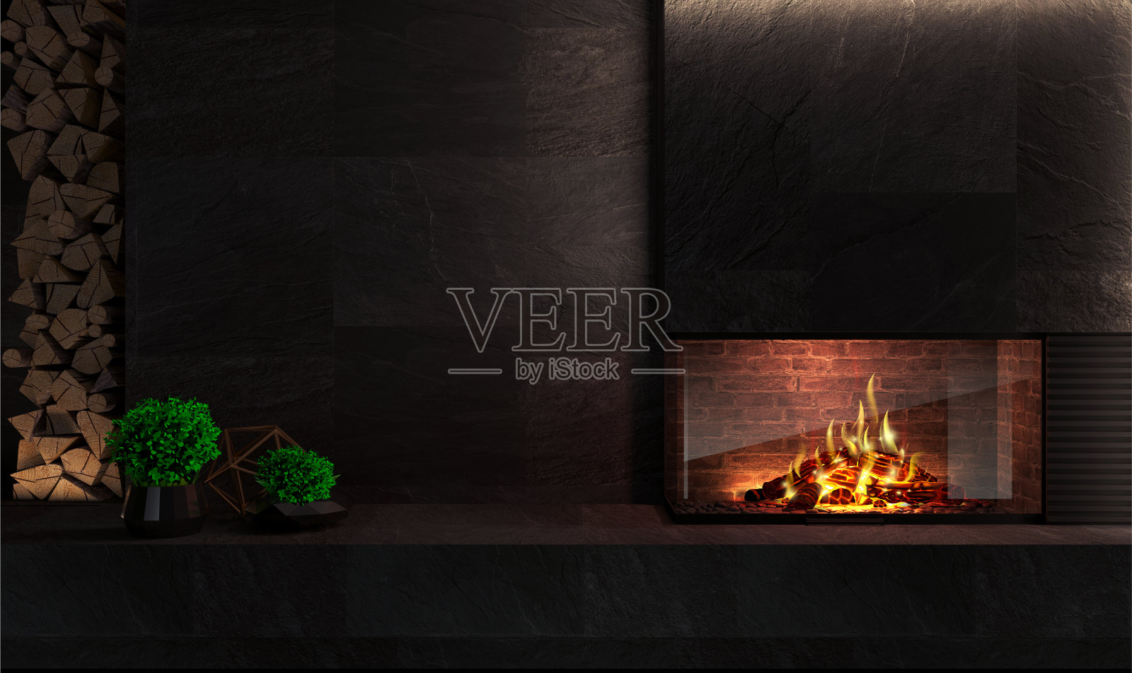 室内角落的现代玻璃壁炉照片摄影图片