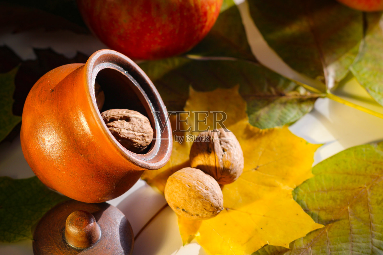 秋天的静物画。叶子，坚果，苹果和一个陶罐照片摄影图片