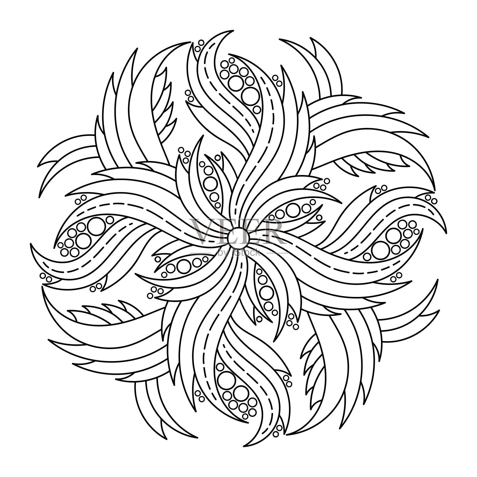 成人和大一点的孩子的涂色书。手绘花瓣曼荼罗，装饰元素。插画图片素材