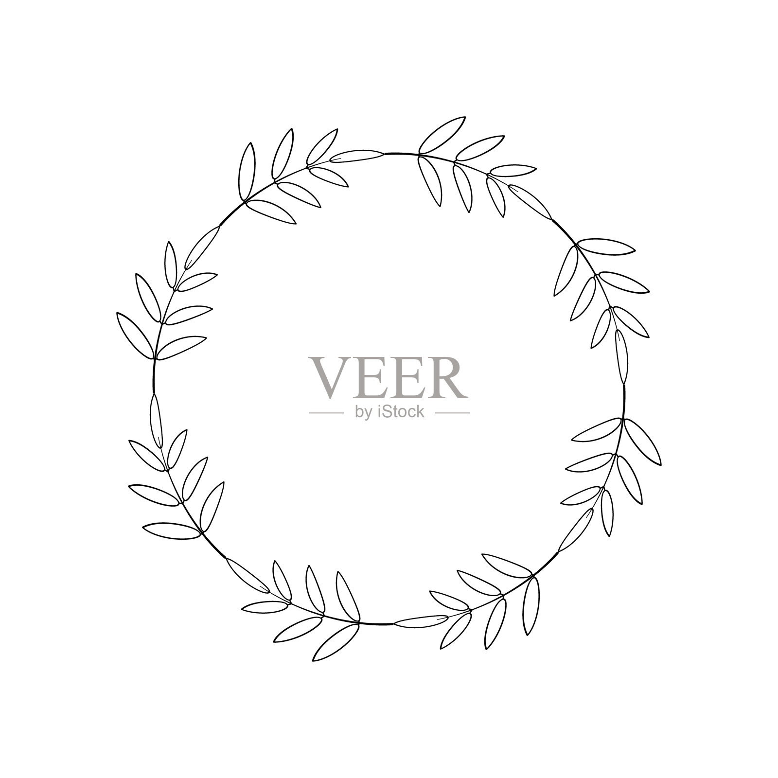 简单的树叶花环,线形风格.圆枝,黑色轮廓,最小的设计.优雅的圆的框架