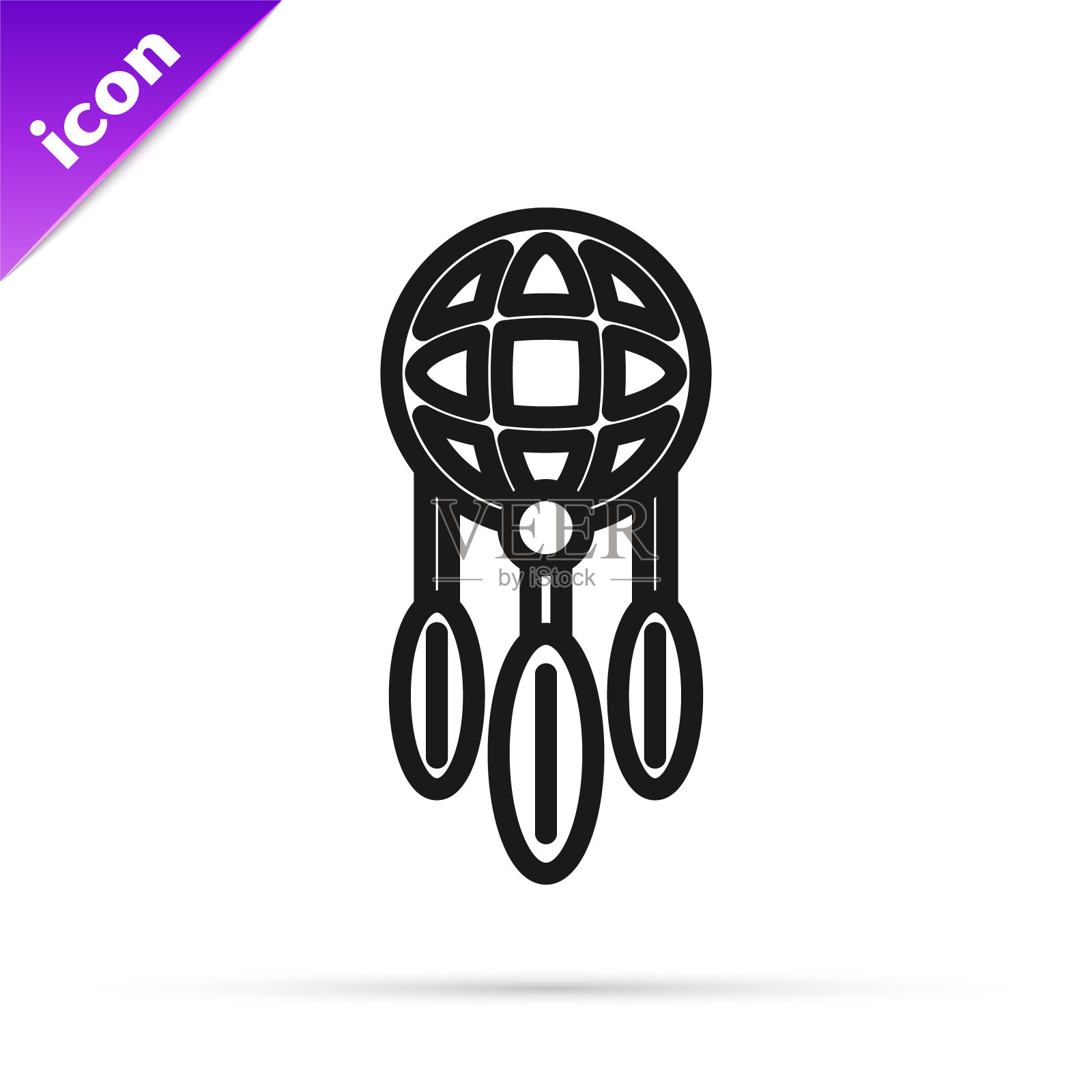 黑线捕梦网与羽毛图标孤立在白色背景。向量插画图片素材