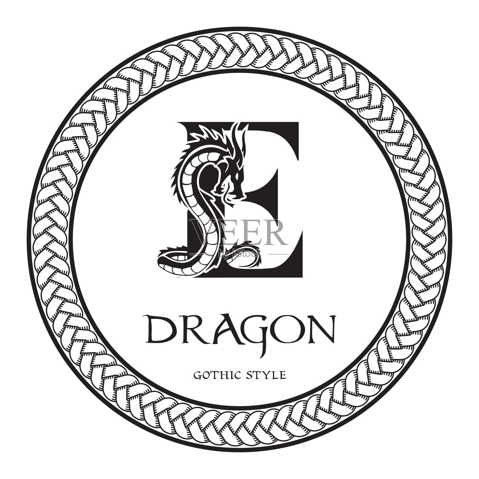 大写字母e内龙的轮廓，带有纹身元素的优雅哥特式龙标志。纹章符号兽为古代神话中的标志，会徽，字母，图标，名片，品牌名称。插画图片素材