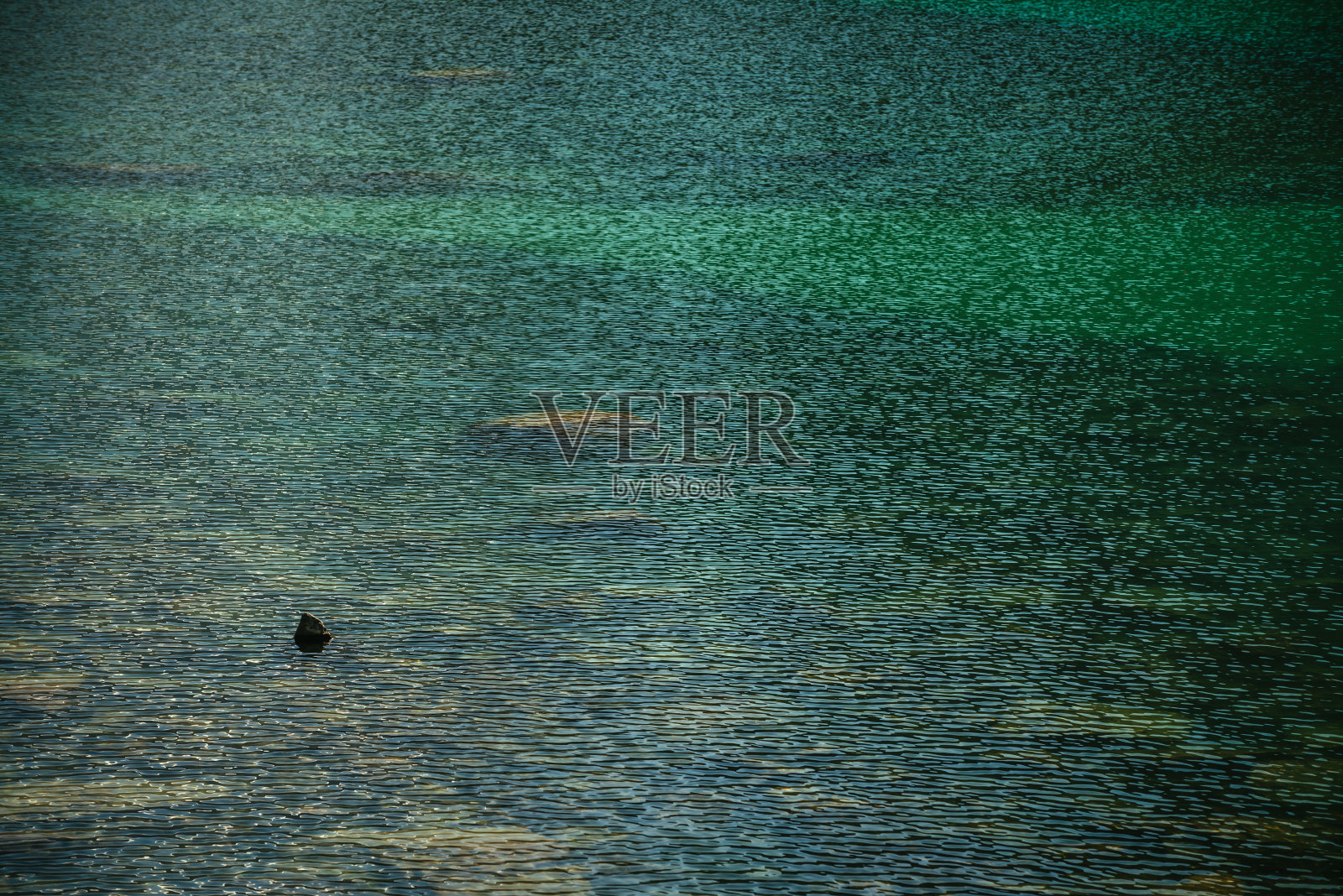 沉思涟漪的山湖。美丽放松的背景石底部在绿松石透明的水冰湖在阳光下。阳光明媚的背景与许多石头在绿色清澈的水。照片摄影图片