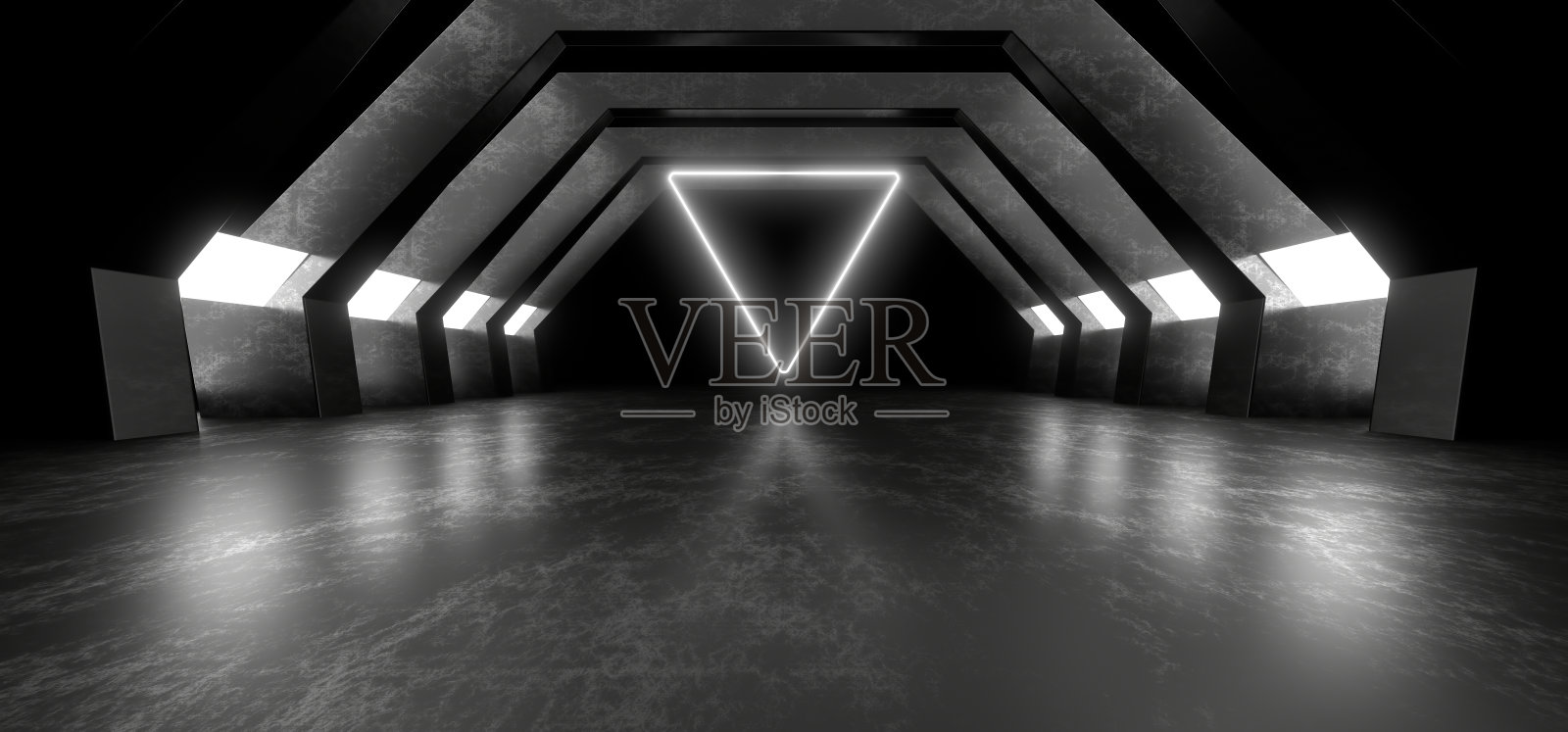 被白色霓虹灯照亮的黑暗走廊。地板上和墙上的倒影。3 d渲染图像。照片摄影图片