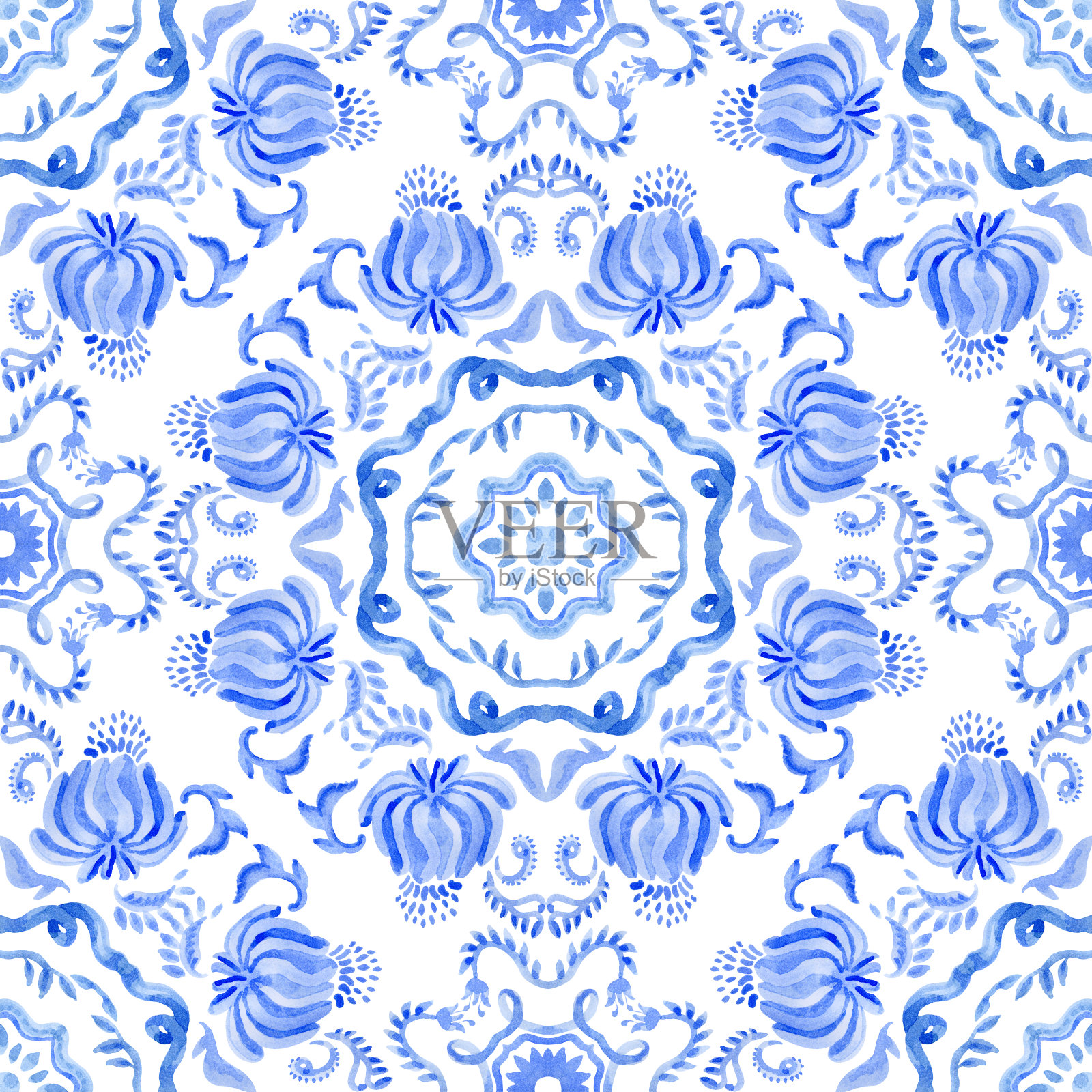 水彩绘制靛蓝色锦缎无缝模式上的白色背景。西班牙瓷砖与手绘巴洛克和花卉装饰在地中海majolica陶瓷绘画风格。壁纸插画图片素材