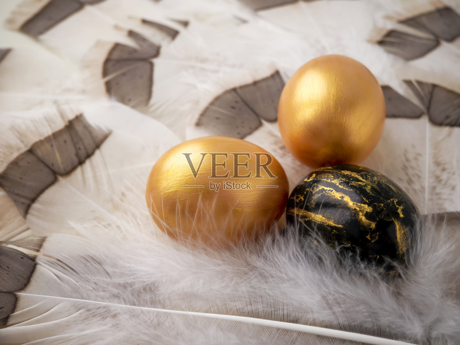 明亮的复活节。金色的复活节彩蛋放在柔软蓬松的羽毛上照片摄影图片