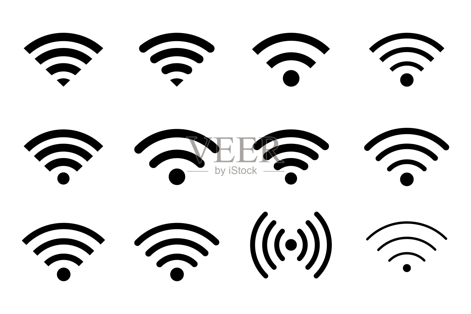 无线信号图标。无线信号的象征。免费WiFi黑色网络符号，用于公共区域或移动接口。插画图片素材