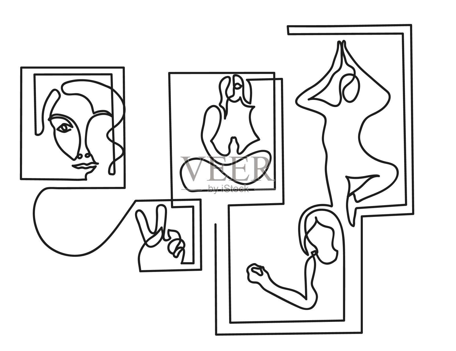 在相框内的瑜伽姿势的线条画。插画图片素材