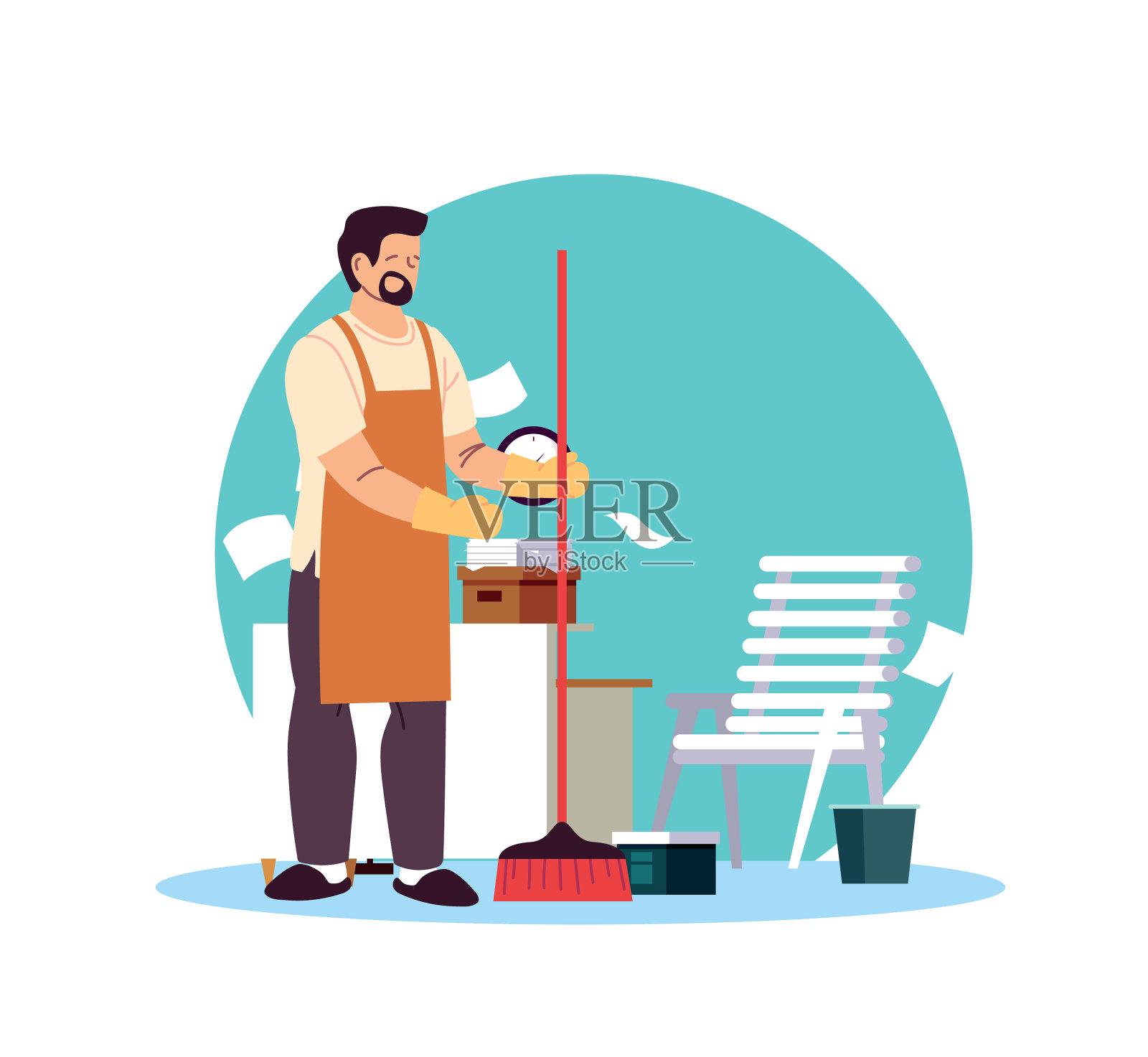 带着围裙和扫帚的清洁工设计元素图片
