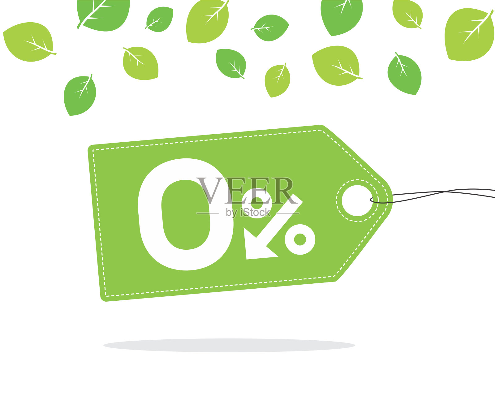 绿色价格标签与0%文字设计的箭头百分比图标和针在它的白色背景与树叶和阴影。春季和夏季促销活动。设计元素图片