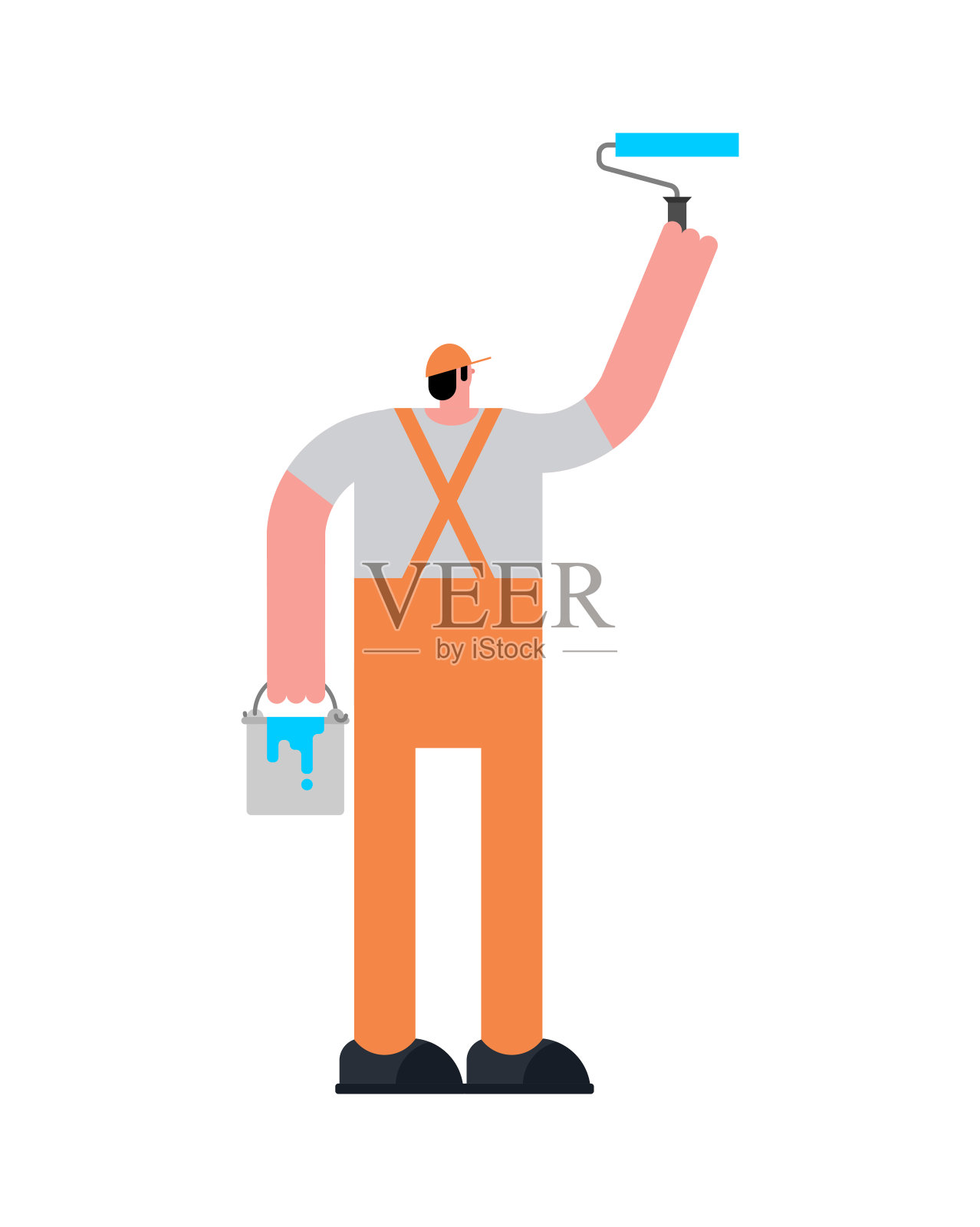 画家描绘。油漆工用油桶和滚筒油漆墙壁。插画图片素材