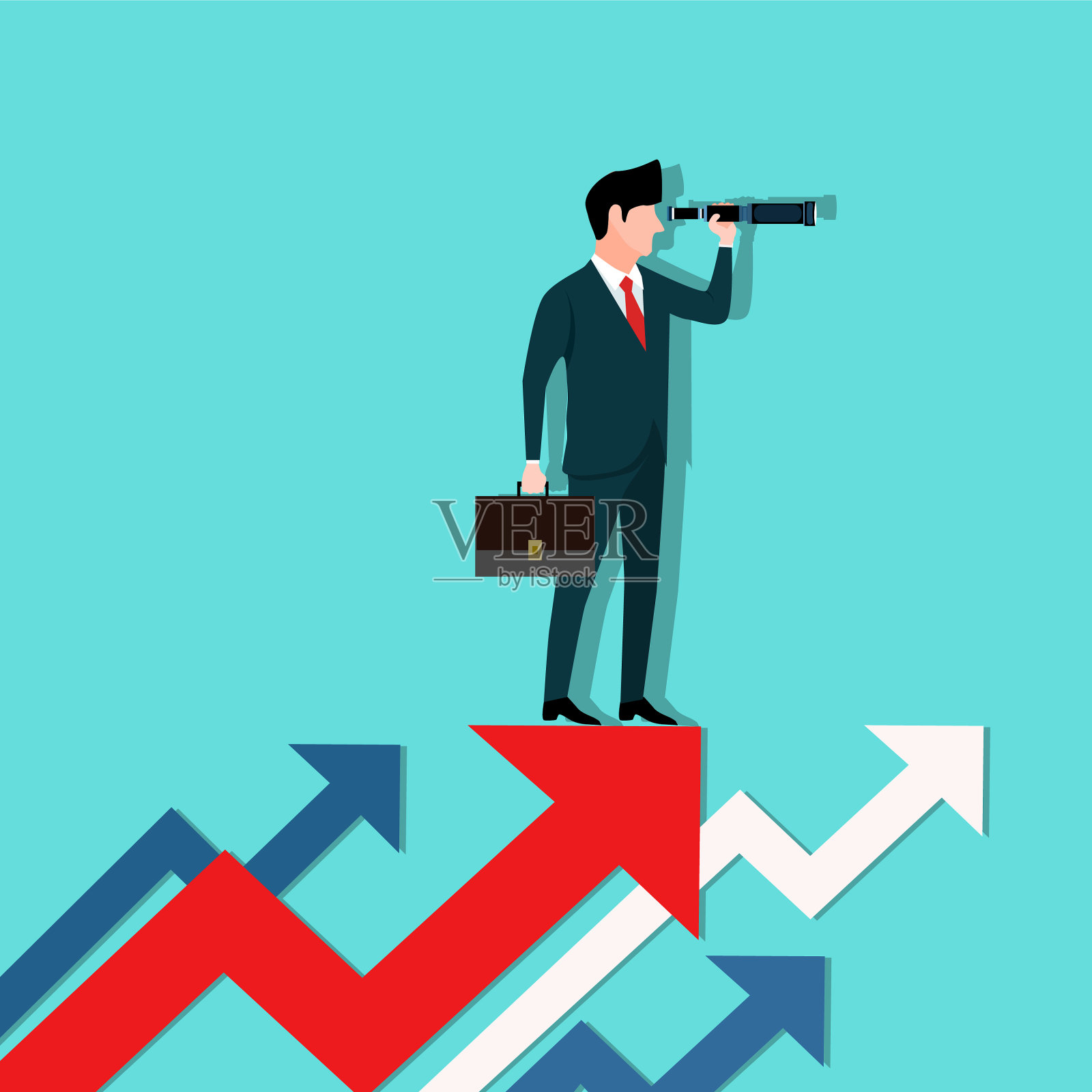 向上的箭头和一个向前看的商人插画图片素材