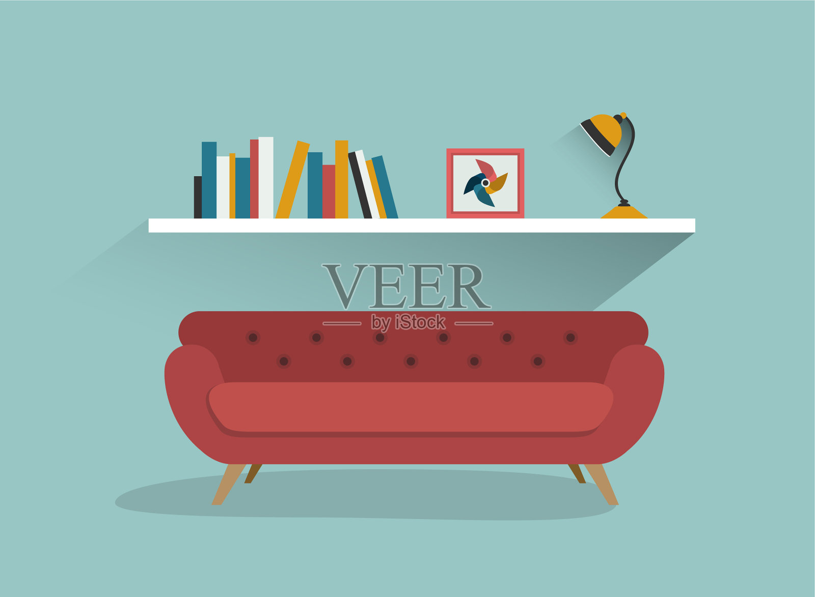 复古的红色沙发和书架与台灯平插画图片素材