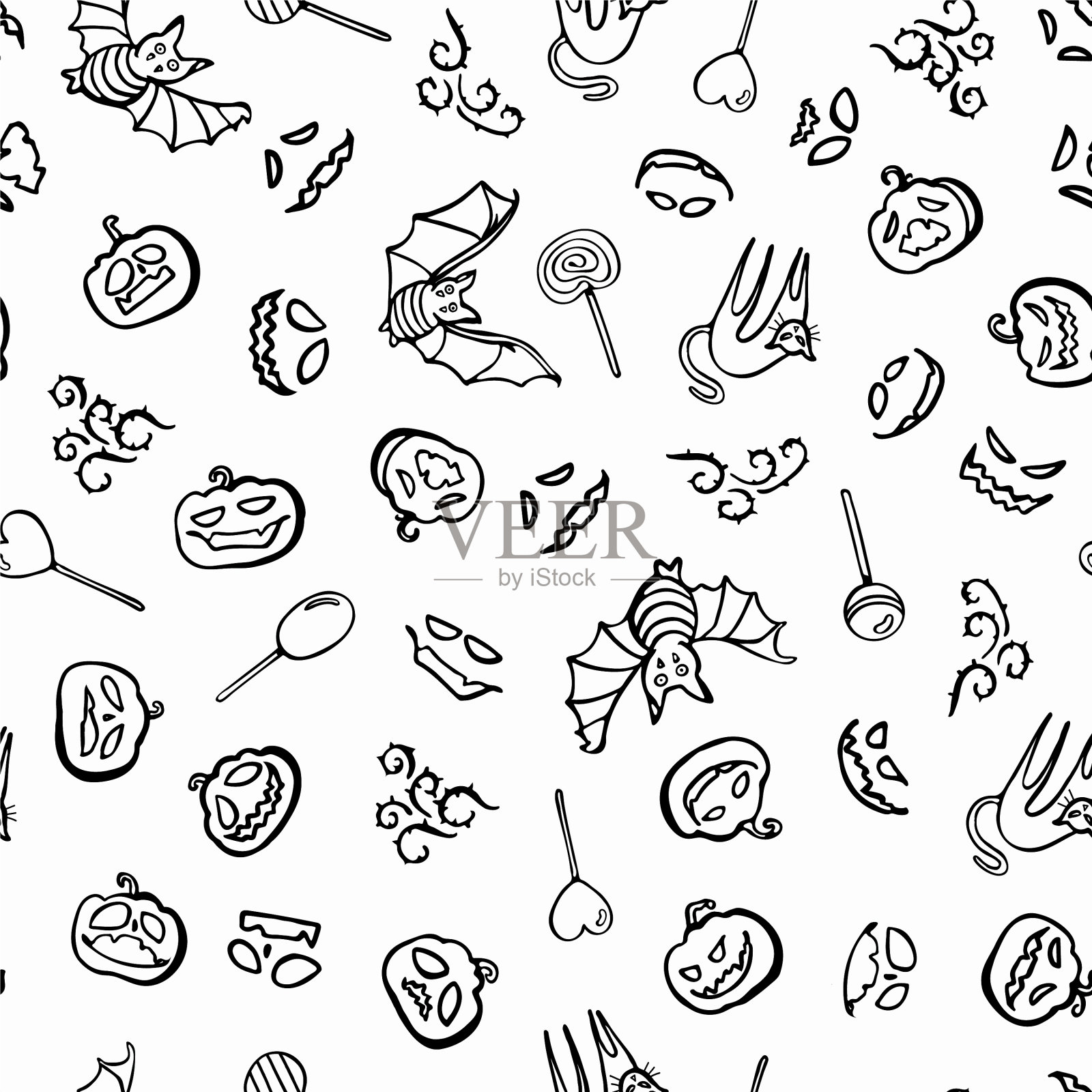 涂鸦线艺术万圣节无缝图案手插画图片素材