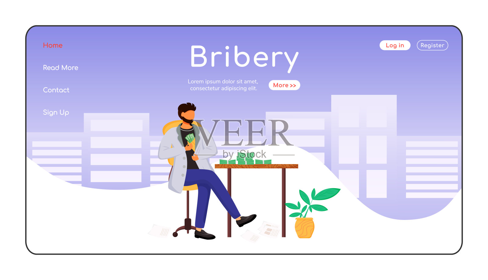 贿赂登陆页面平面颜色矢量模板。非法利润。偷了预算资金。腐败。主页的布局。一页网站界面与卡通人物。网页横幅、网页设计模板素材