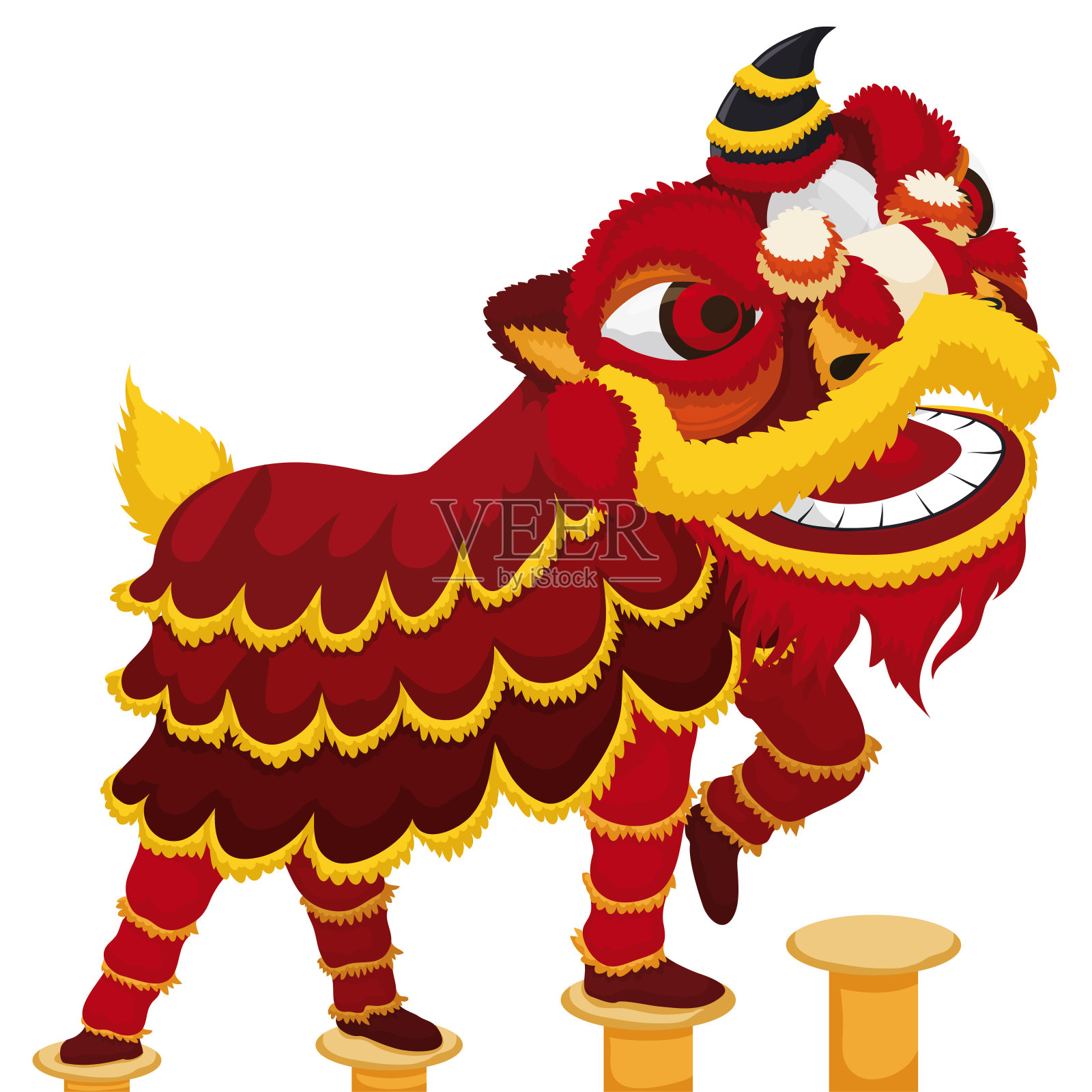 中国舞狮者在柱子上表演插画图片素材