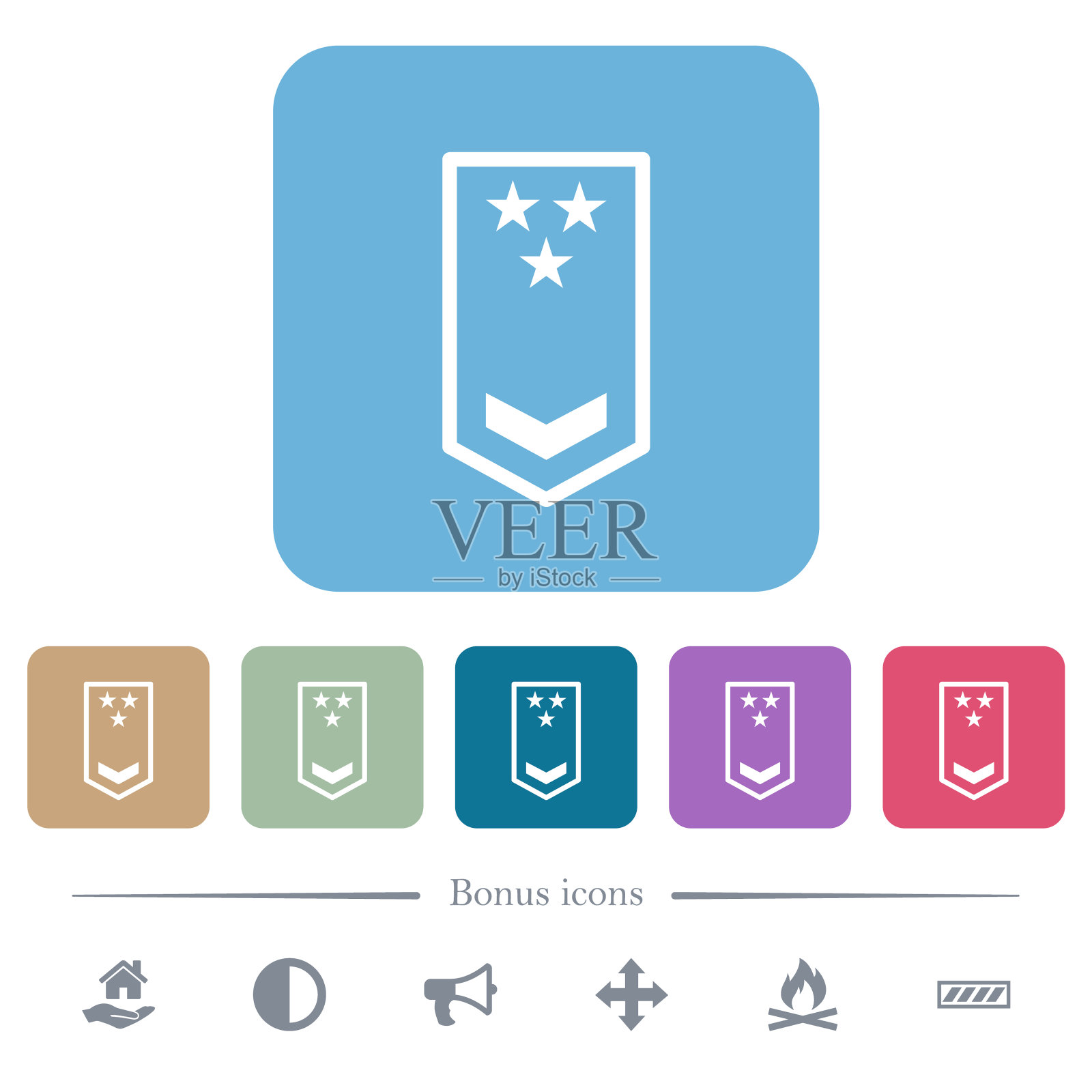 军事徽章与一个chevron和三颗星的平面图标在彩色圆形方形背景上图标素材