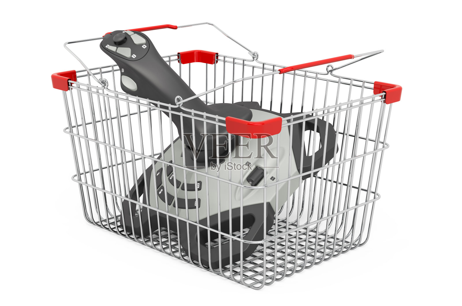 带有游戏控制器的购物篮，白色背景上的3D渲染照片摄影图片