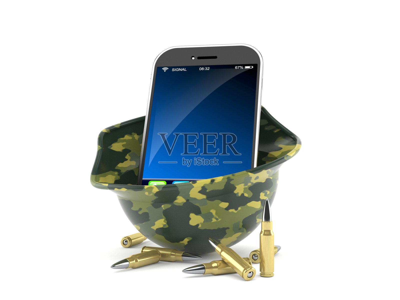 头盔内装有弹药的智能手机照片摄影图片