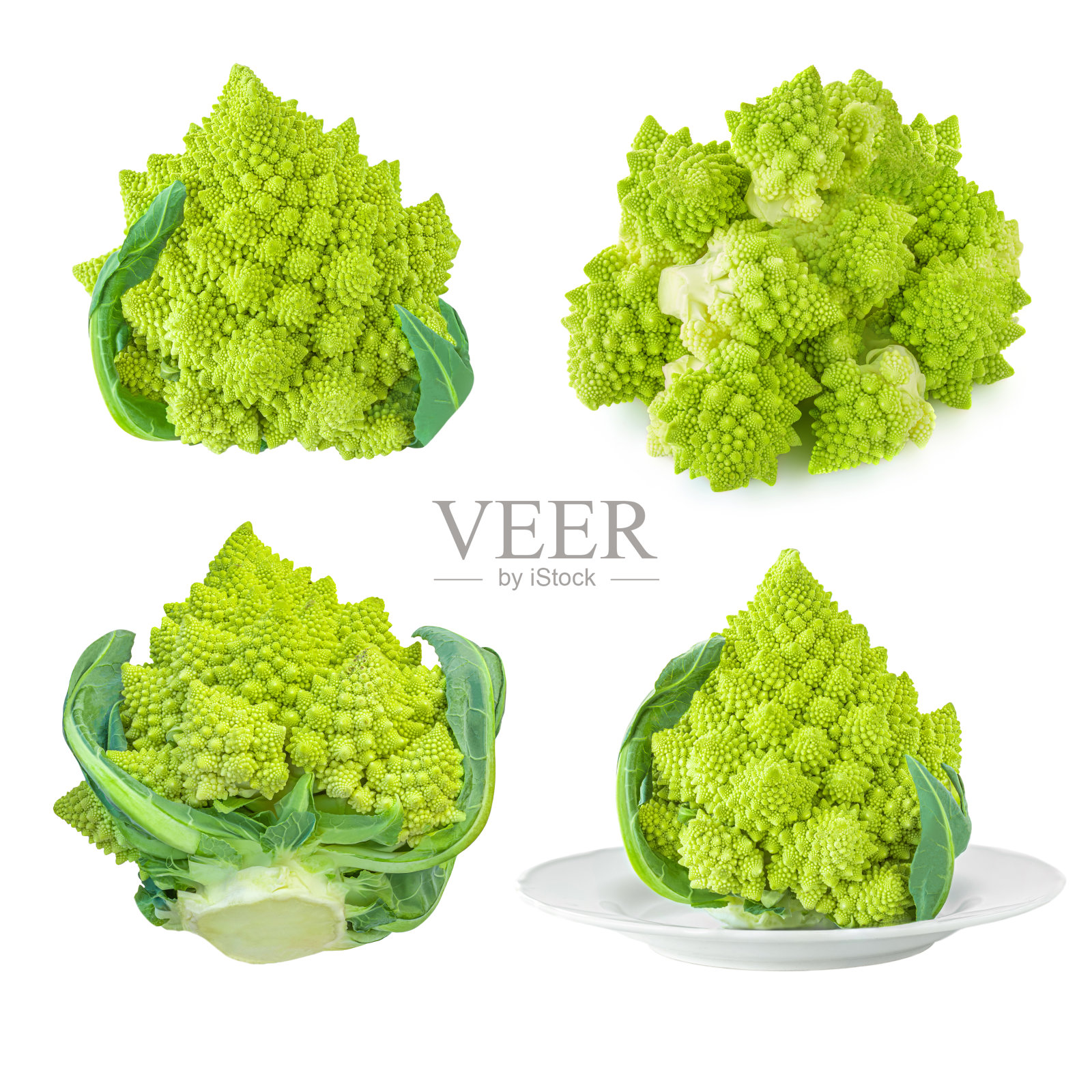 一套罗马花椰菜或罗马花椰菜孤立在白色背景。照片摄影图片