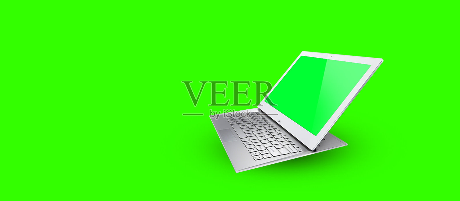 笔记本空白屏幕模板。电脑打开视图，空白绿色屏幕上亮绿色背景，横幅，拷贝空间。3 d演示。照片摄影图片