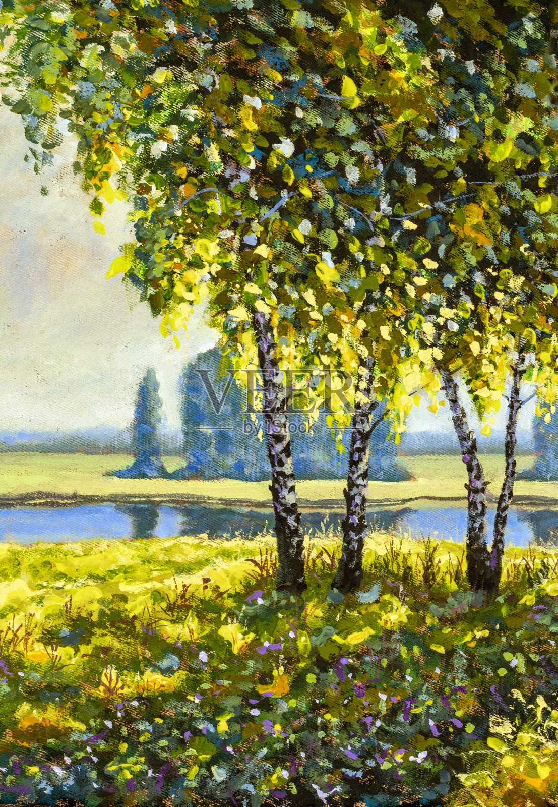 印象派油画，现代亚克力艺术俄罗斯阳光明媚的乡村景观与春天的桦树，森林和河流池塘插画图片素材