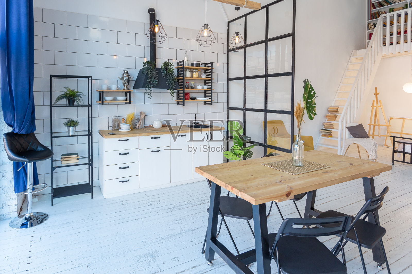 豪华现代设计的舒适的小型斯堪的纳维亚风格的工作室公寓照片摄影图片